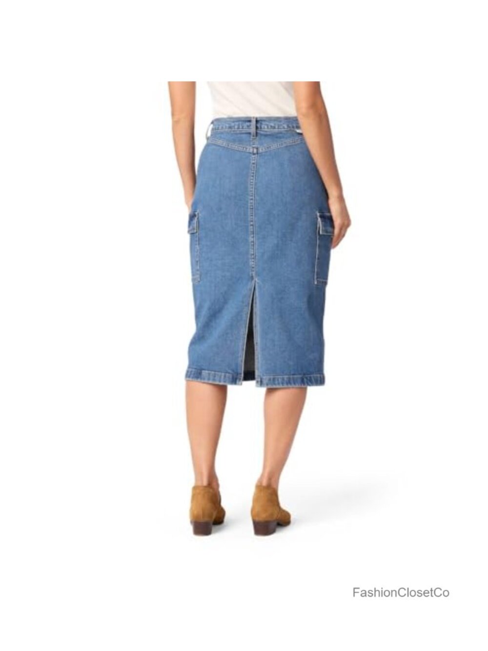 Women's Cargo Midi Skirt Mid Rise Utility Pocket Below Knee Casual - Picture 2 of 5